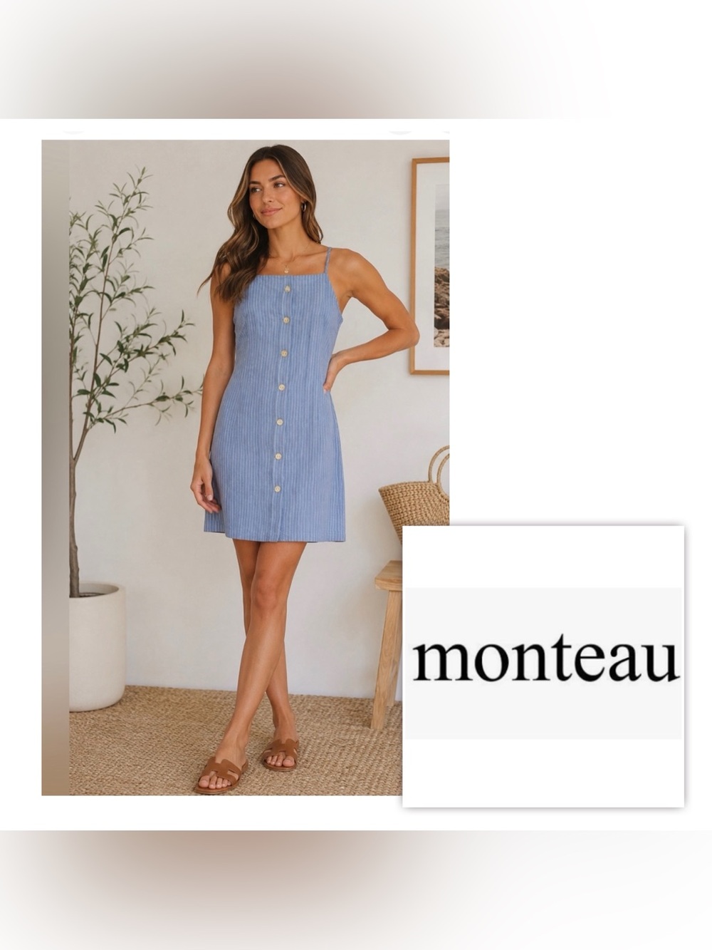 NWT Monteau Women XS Blue pin Striped Button-Front Linen Rayon blend Comfy Dress